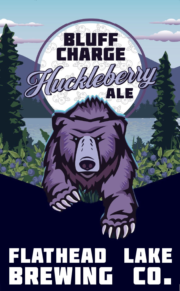 Graphic with a purple colored grizzly bear with the words Bluff Charge Huckleberry Ale and Flathead Lake Brewing Co. on it.
