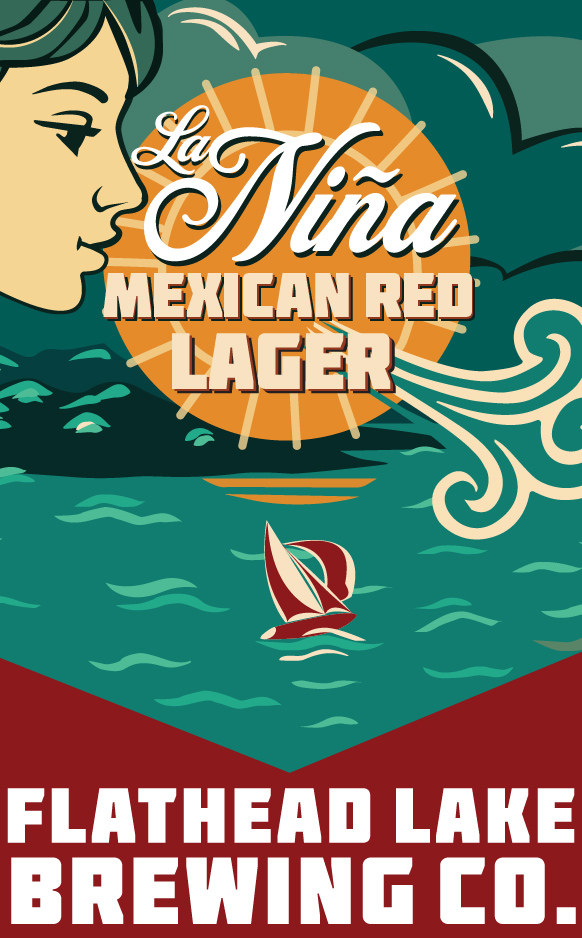 Graphic label of a woman's face appearing to blow wind over the lake with mountains and sun in the background. Text that reads La Niña Mexican Red Lager Flathead Lake Brewing Company.
